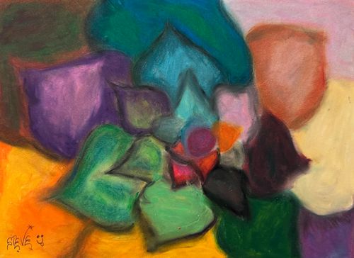 Multicolored botanical-themed oil pastel artwork